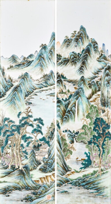 View full screen - View 1 of Lot 1112. A pair of famille-rose 'landscape' plaques, signed Kang Lianxi, Republic period | 民國 粉彩山水圖瓷板一對.