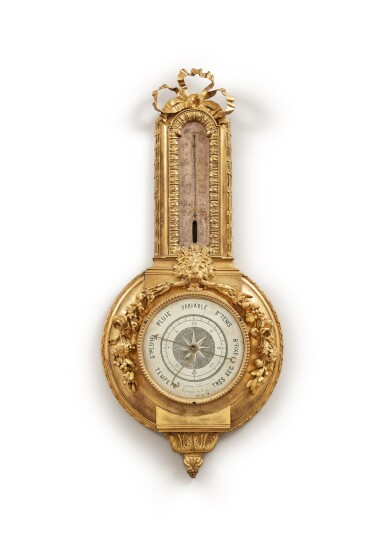 View full screen - View 1 of Lot 47. A restauration gilt bronze and steel barometer and thermometer, circa 1825.