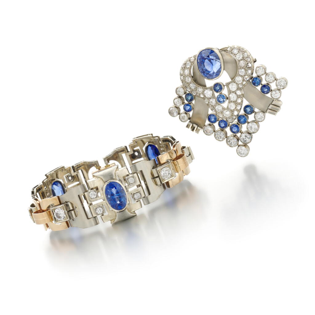 View full screen - View 1 of Lot 64. Sapphire and diamond brooch and bracelet (Spilla e bracciale in diamanti e zaffiri).