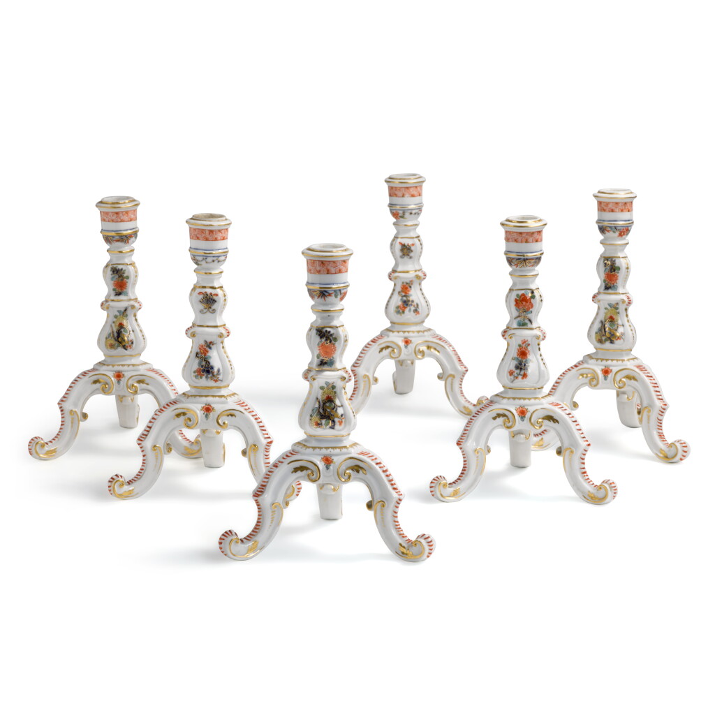 View full screen - View 1 of Lot 51. A Rare Set of Six Meissen Imari Three-Footed Candlesticks, Circa 1735.