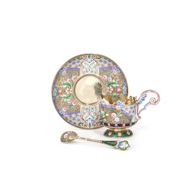 View full screen - View 1 of Lot 272. A silver-gilt and cloisonné enamel tea glass holder, saucer and spoon, 11th Moscow Artel, Moscow, 1908-1917.