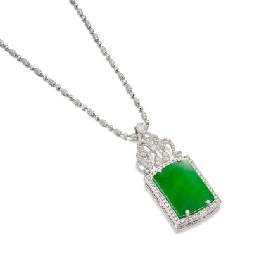 View full screen - View 1 of Lot 1695. JADEITE AND DIAMOND PENDANT | 天然翡翠 配 鑽石 掛墜.