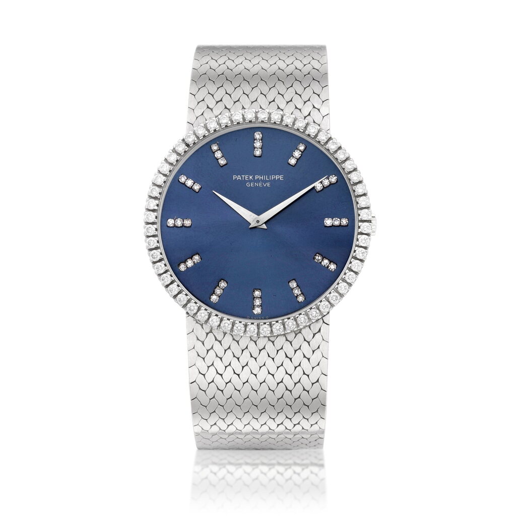 View full screen - View 1 of Lot 8073. Reference 3588 | A white gold and diamond-set bracelet watch, Circa 1970 | 百達翡麗 | 型號3588 | 白金鑲鑽石鏈帶腕錶,約1970年製.