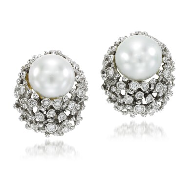 View full screen - View 1 of Lot 122. Pair of cultured pearl and diamond ear clips.