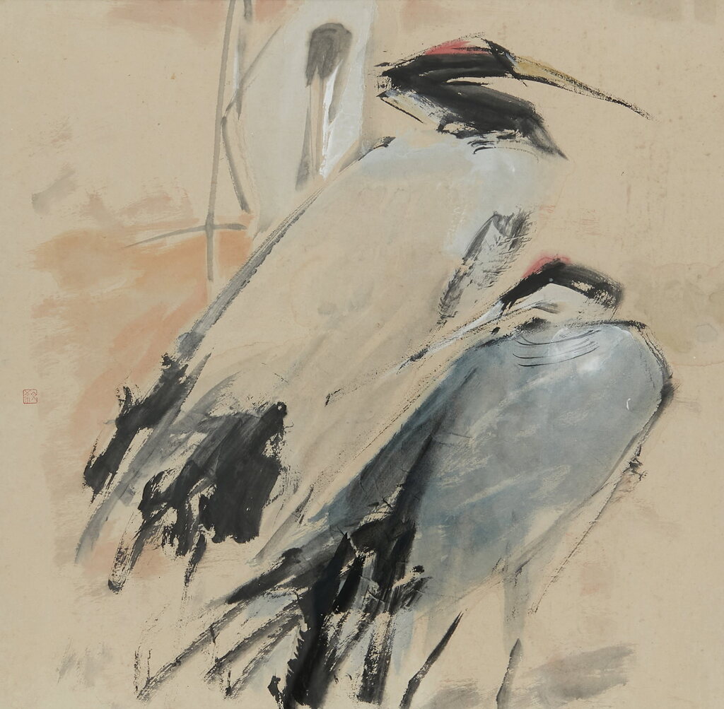 View full screen - View 1 of Lot 743. Chen Wen Hsi 陳文希 | Two cranes, finger painting 兩隻鶴鳥.