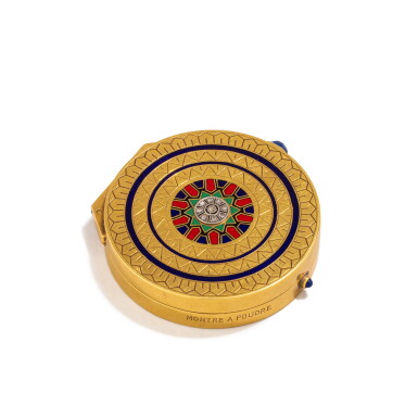 View full screen - View 1 of Lot 328. A jewelled gold and enamel powder compact, Bourdier, Paris, circa 1930 Poudrier en or, en émail et pierres précieuses par Bourdier, Paris, vers 1930.