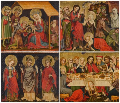 View full screen - View 1 of Lot 5. Four panels from the Hildesheim Magdalene Altarpiece (a) The Adoration of the Magi; (b) Three Saints: Mary Magdalene, Augustine and Livinus; (c) The Raising of Lazarus; (d) The Supper in the House of Simon the Pharisee.