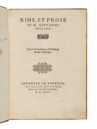 View full screen - View 1 of Lot 674. Della Casa, Rime, et prose, Venice, Bevilacqua for Gimini, 1558, half calf.