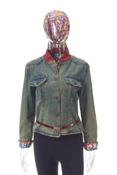 View full screen - View 1 of Lot 36. Denim jacket, Bordeaux patent leather belt and signature silk foulard.