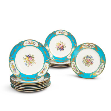 View full screen - View 1 of Lot 139. A set of eleven Louis XV Sevres porcelain dessert plates, circa 1760 - 1780 | Ensemble de onze assiettes à dessert en porcelaine de Sèvres d'époque Louis XV, vers 1760 - 1780.