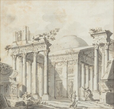 View full screen - View 1 of Lot 154. Recto: Figures amongst Roman ruins Verso: Design for a fountain with figures and animals.