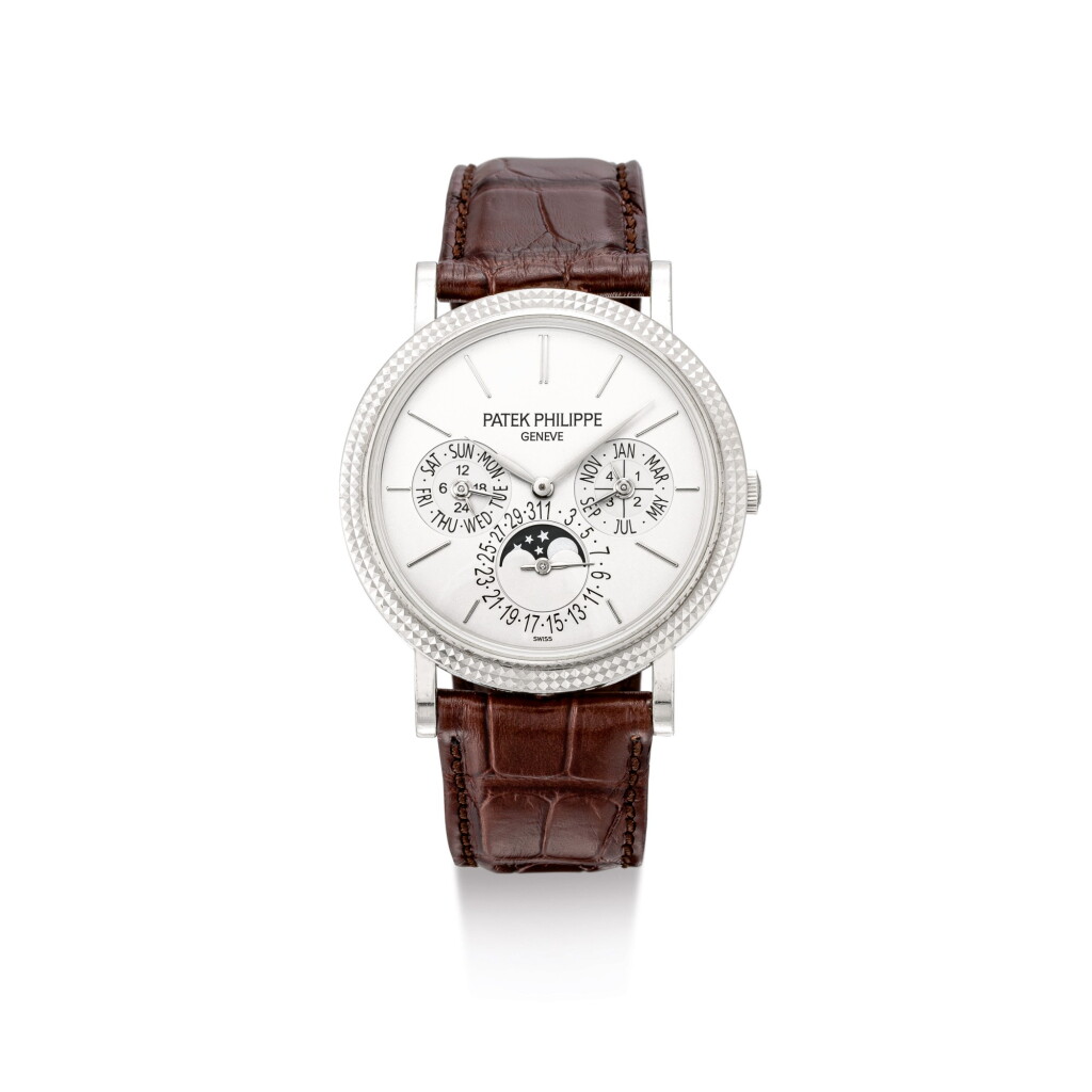 View full screen - View 1 of Lot 2043. PATEK PHILIPPE | REFERENCE 5139, A WHITE GOLD PERPETUAL CALENDAR WRISTWATCH WITH MOON PHASES, 24 HOURS AND LEAP YEAR INDICATION, MADE IN 2010 | 百達翡麗 | "型號5139 白金萬年曆腕錶,備月相、24小時及閏年顯示,機芯編號5513864,錶殼編號4727337,2010年製".