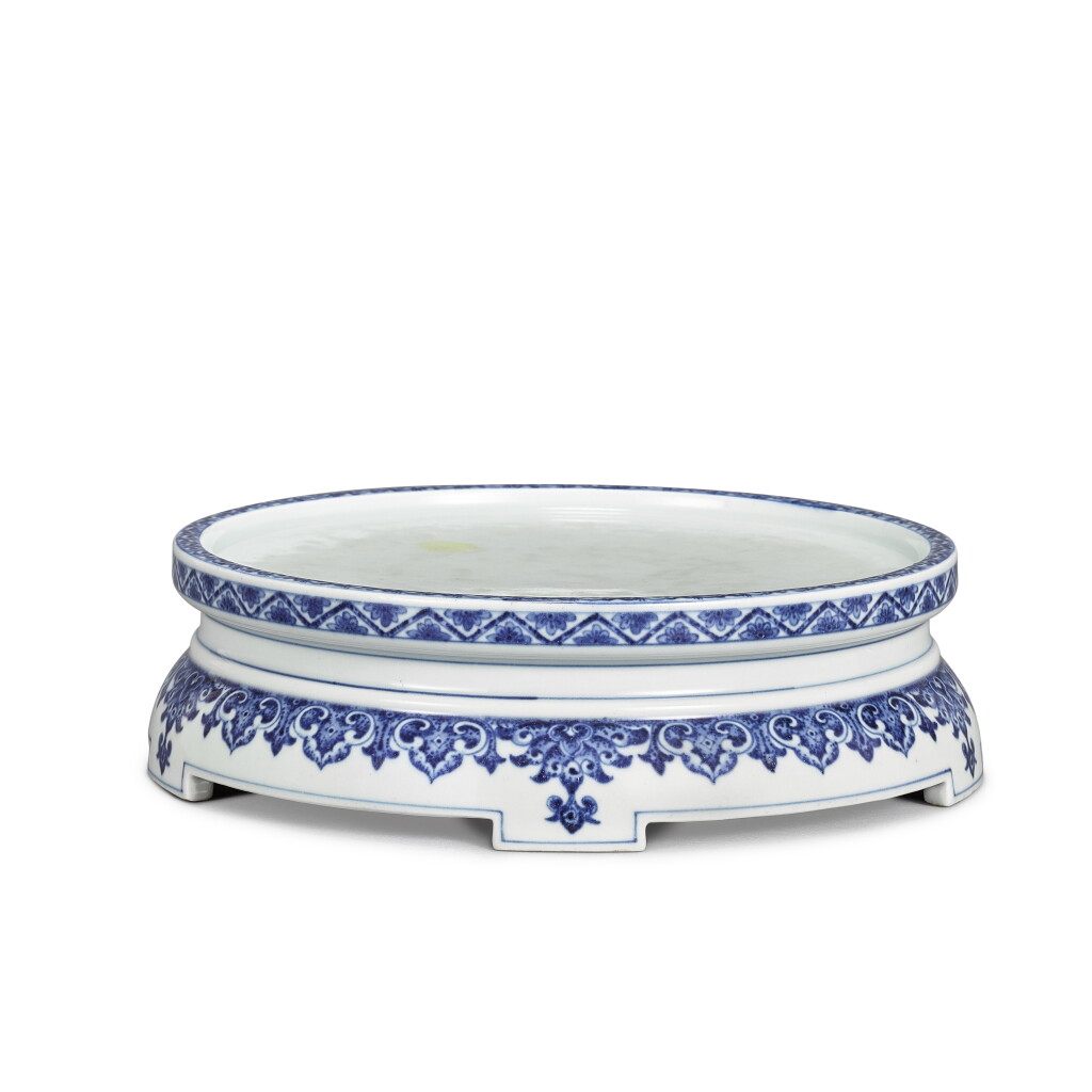 View full screen - View 1 of Lot 3638. A blue and white 'lotus' stand Seal mark and period of Yongzheng | 清雍正 青花如意花卉紋臺座 《大清雍正年製》款.