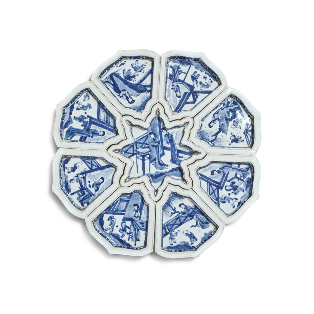 View full screen - View 1 of Lot 605. A Chinese Blue and White Set of 'Ladies and Boys' Sweetmeat Dishes, Qing Dynasty, Kangxi Period.