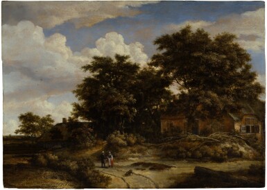 View full screen - View 1 of Lot 23. A wooded landscape with figures conversing on a path, a cottage beneath oak trees beyond |《林木風景,路上寒暄的行人與橡樹下的小屋》.