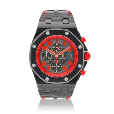 View full screen - View 1 of Lot 40. Royal Oak Offshore "Marcus" Chronograph reference 26299SN.OO.D001GA.01 A limited edition DLC finish stainless steel automatic chronograph wristwatch with date, circa 2011.