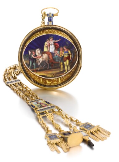 View full screen - View 1 of Lot 31. BLONNAY | A GOLD AND ENAMEL VERGE WATCH WITH PRESENTATION PLAQUE TO THE MOVEMENT ENGRAVED 'À LA BARONNE D'ARBERG FIDÈLE LECTRICE DE S M L'IMPÉRATRICE JOSEPHINE, NOTRE MÈRE REGRETTÉE QUI RENDIT SON AME A DIEU LE 29 MAI, JOUR DE PENTECÔTE 1814 LA MALMAISON L'AN 1814, HORTENSE-EUGENE' CIRCA 1814.