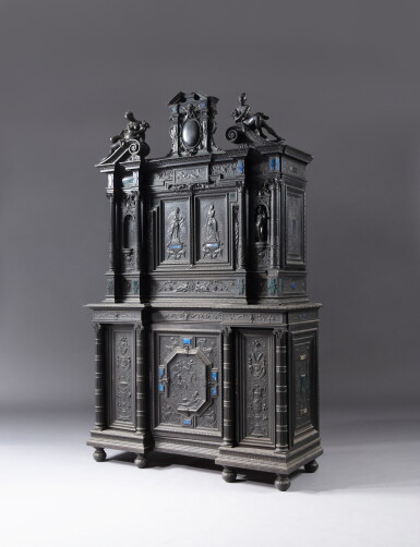 View full screen - View 1 of Lot 461. A neo-Renaissance style ebony veneered and hardstone meuble à deux corps, attributed to Henri Fourdinois, circa 1860 | Meuble à deux corps en ébène, placage d'ébène et pierres dures de style néo-Renaissance, attribué à Henri Fourdinois, vers 1860.