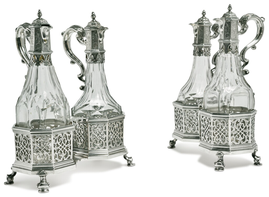 View full screen - View 1 of Lot 213. TWO MATCHING GEORGE II SILVER CRUET STANDS, GEORGE WICKES, LONDON, 1742.