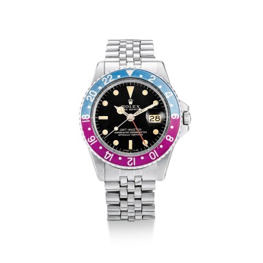 View full screen - View 1 of Lot 2125. ROLEX | GMT-MASTER, REFERENCE 1675, A STAINLESS STEEL DUAL TIME ZONE WRISTWATCH WITH DATE AND BRACELET, CIRCA 1966 | 勞力士 | "GMT-Master 型號1675 精鋼兩地時間腕錶,備日期顯示,錶殼編號1427842,約1966年製".