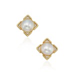 A Pair of Gold, Mabé Cultured Pearl and Diamond Earclips