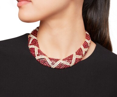 View full screen - View 1 of Lot 301. Ruby and Diamond Necklace and Pair of Earclips.