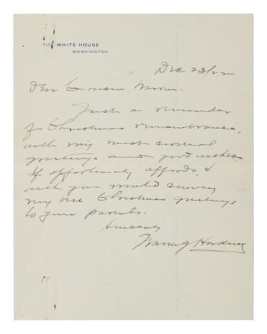 View full screen - View 1 of Lot 39. WARREN G. HARDING | A very rare autograph letter signed by Warren G. Harding as President.