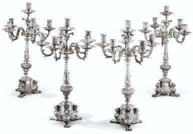 View full screen - View 1 of Lot 114. A SET OF FOUR 6-LIGHT SILVER-PLATED BRONZE CANDELABRA, PROBABLY CIRCA 1860 | ENSEMBLE DE QUATRE CHANDELIERS À 6 LUMIÈRES EN BRONZE ARGENTÉ, PROBABLEMENT VERS 1860.