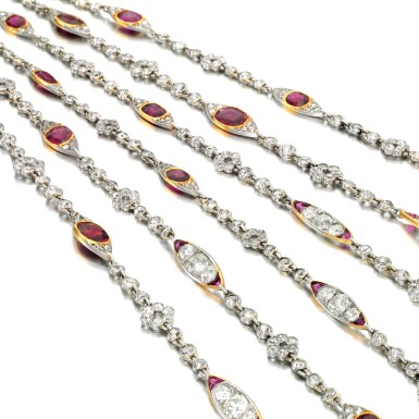 View full screen - View 1 of Lot 48. Ruby and diamond long chain, circa 1915.