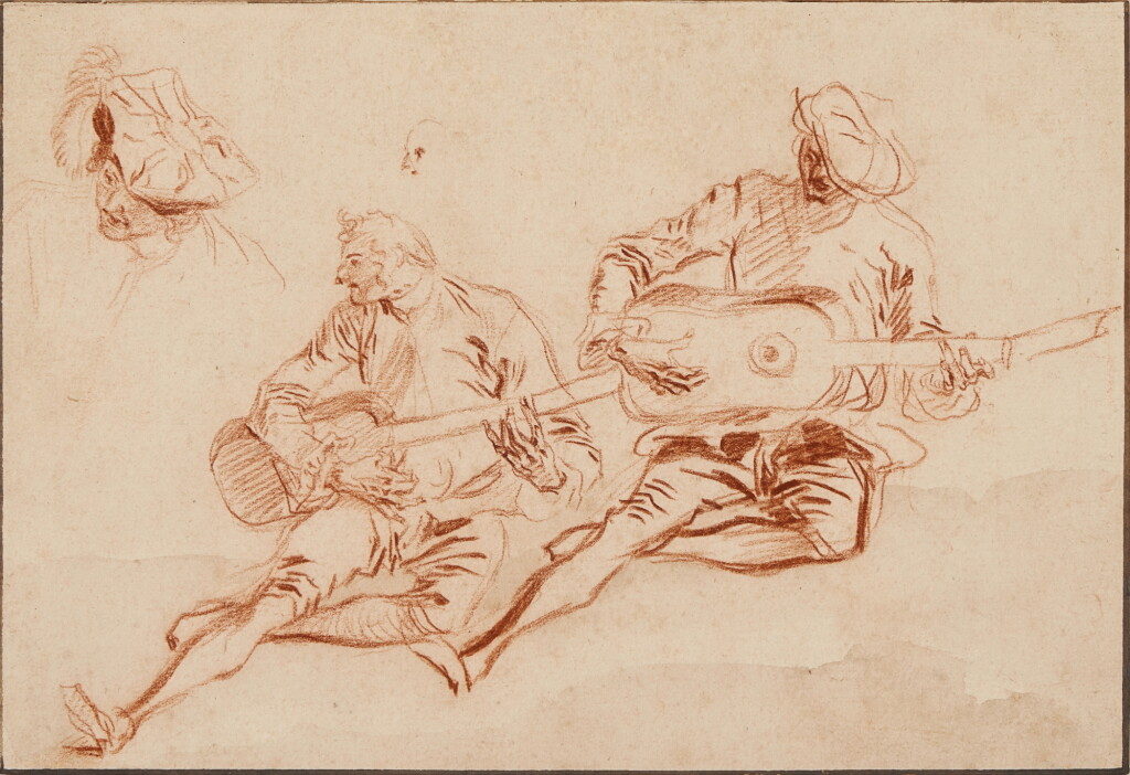 View full screen - View 1 of Lot 170. A study of two men playing the guitar, seated and facing left; a separate study of the head and shoulders of the guitarist on the right; a partial head study of the guitarist, in profile.