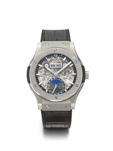 View full screen - View 1 of Lot 107. HUBLOT | CLASSIC FUSION, A TITANIUM AUTOMATIC TRIPLE CALENDAR WRISTWATCH WITH MOON PHASES CIRCA 2010.