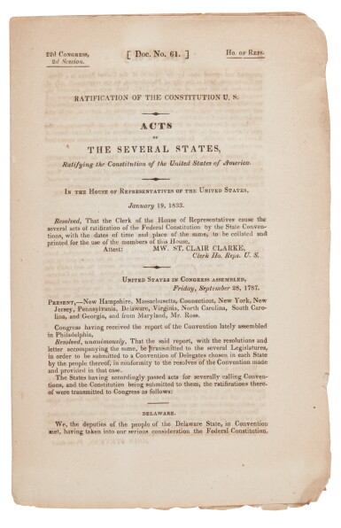 View full screen - View 1 of Lot 233. United States Constitution. Ratification | The acts of ratification of the Federal Constitution by the state conventions of the first fourteen states.