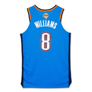 View full screen - View 1 of Lot 5. Jalen Williams Oklahoma City Thunder 2025 NBA Finals Game Worn Icon Edition Jersey | Game 2 | ‘Championship Run’ | 3rd Team All-NBA.