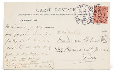 View full screen - View 1 of Lot 130. Carte postale illustrée à Mme Anatole Catusse (1905), envoyée de la clinique où il est reclus.