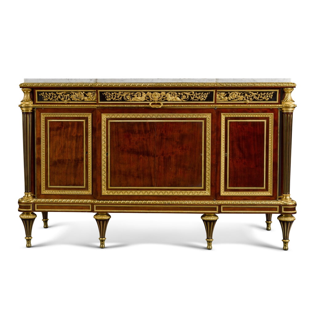 View full screen - View 1 of Lot 85. A Louis XVI style gilt-bronze mounted mahogany and ebony commode, by Henry Dasson, late 19th century.