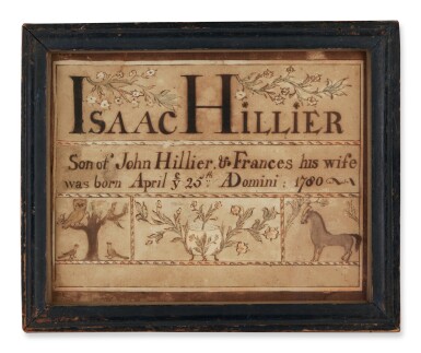 View full screen - View 1 of Lot 54. A Fraktur Birth Record for Isaac Hillier, attributed to the 'New Jersey Artist', Northampton Township, Burlington County, New Jersey, Dated 1780.