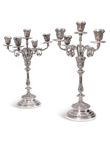View full screen - View 1 of Lot 227. A PAIR OF ITALIAN SILVER FIVE-LIGHT CANDELABRA, BUCCELLATI, MID 20TH CENTURY.