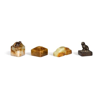 View full screen - View 1 of Lot 48. A group of three small jade seals and a small bronze seal Qing dynasty, 19th century | 清十九世紀 玉印章一組三件 及 銅瑞獸鈕方印.