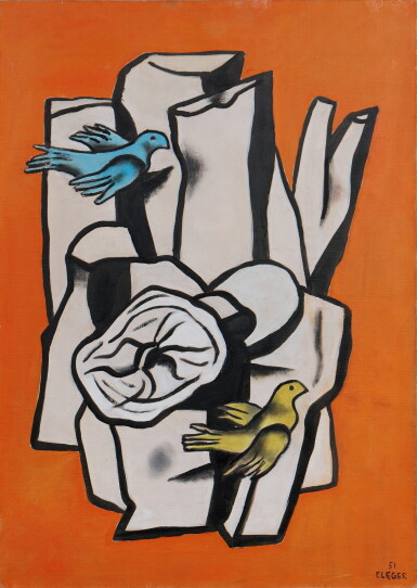 View full screen - View 1 of Lot 120. Les Troncs d'arbres et les deux oiseaux sur fond orange.