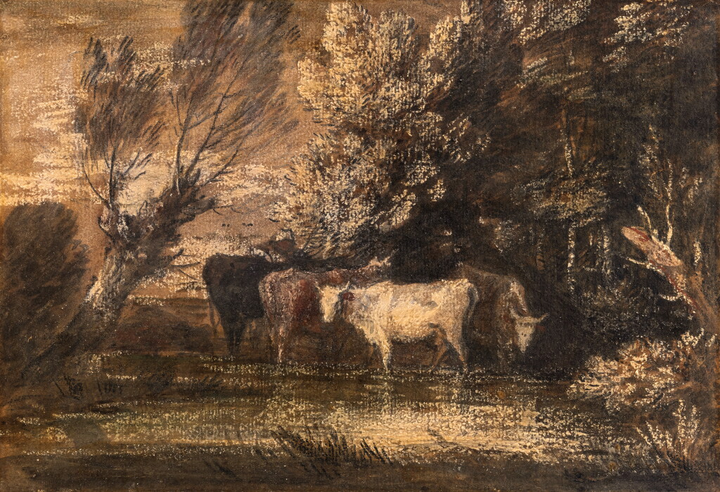 View full screen - View 1 of Lot 55. A Wooded Landscape with Cattle at a Watering Place.
