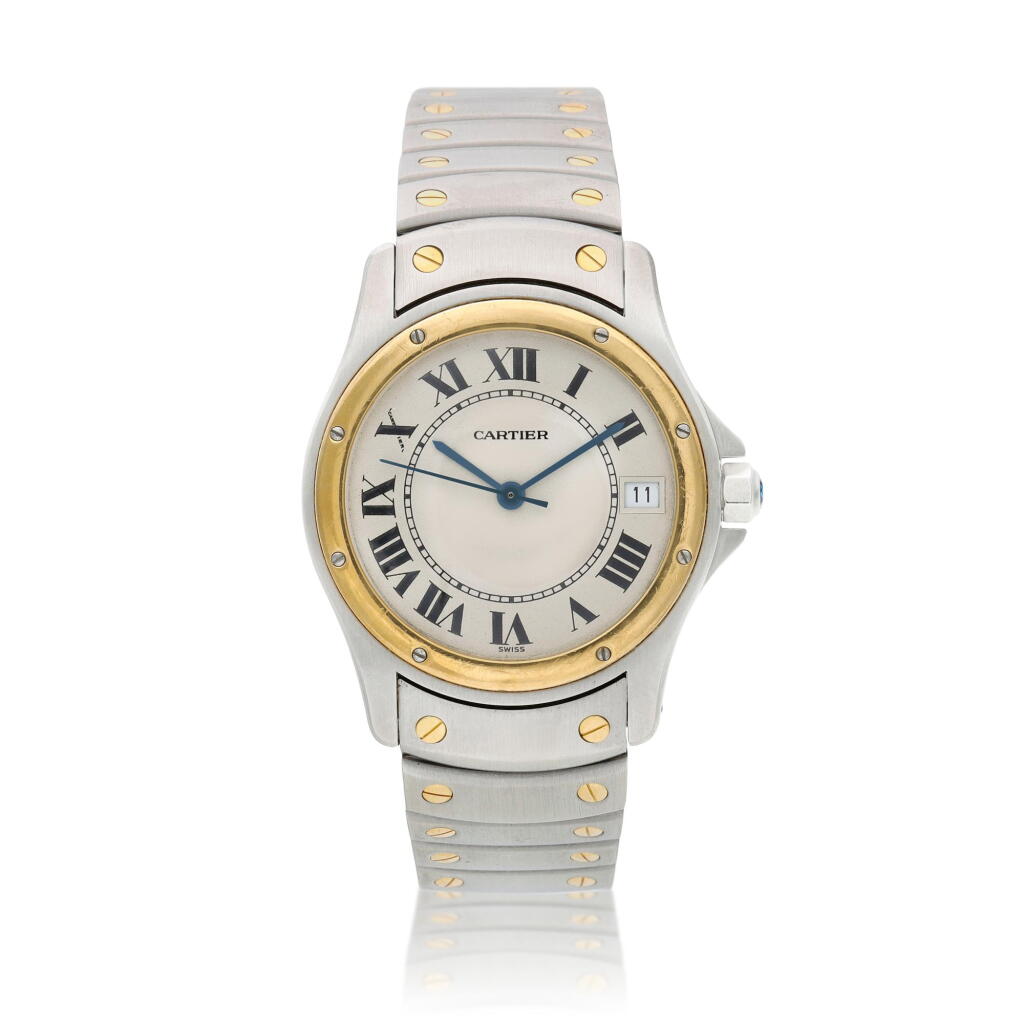 View full screen - View 1 of Lot 209. Reference 1910 Santos Ronde, A stainless steel and yellow gold automatic wristwatch with date and bracelet, Circa 2000.