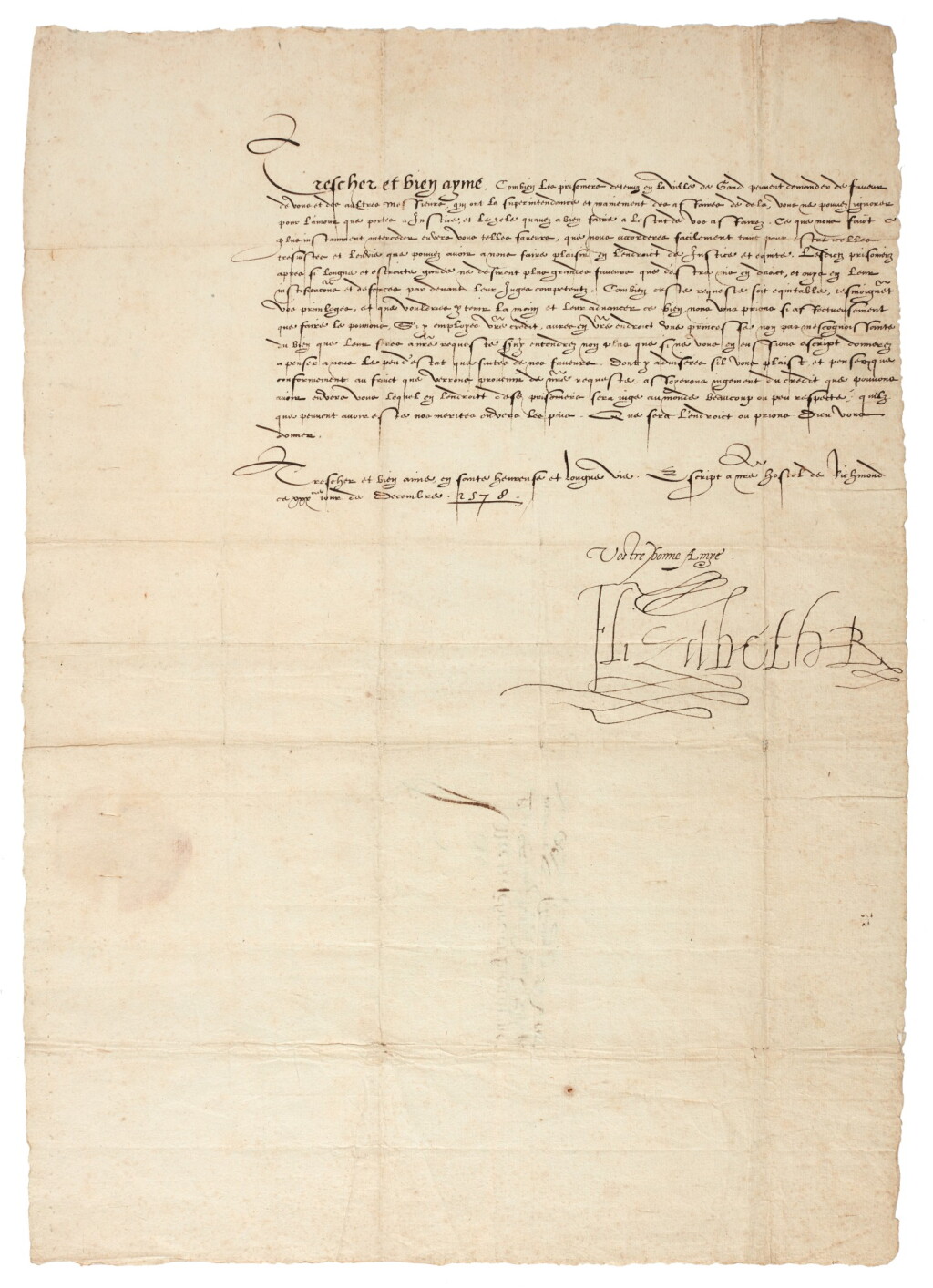 View full screen - View 1 of Lot 189. Elizabeth I | Letter signed, interceding on behalf of political prisoners in Ghent, to Jan van Hembyze, 1578.