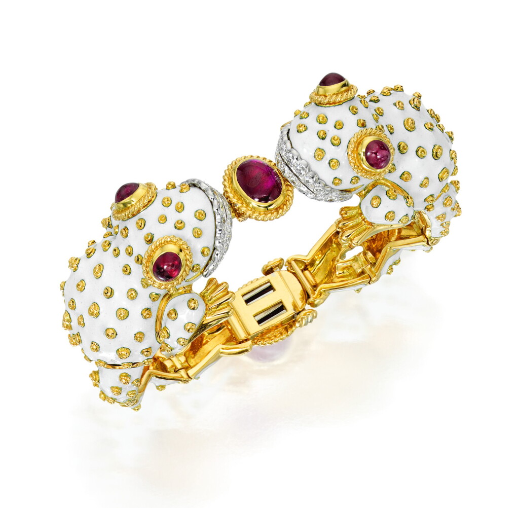 View full screen - View 1 of Lot 113. DAVID WEBB | ENAMEL, RUBY AND DIAMOND BRACELET.