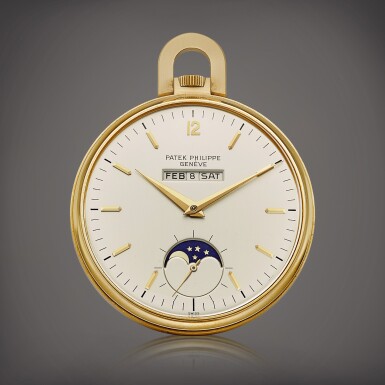 View full screen - View 1 of Lot 2031. Reference 725/4 | A very well preserved yellow gold openface watch with straight line perpetual calendar and moon phases, Circa 1972 | 百達翡麗 | 型號725/4 | 黃金直線萬年曆懷錶,備月相顯示,品相出衆,約1972年製.