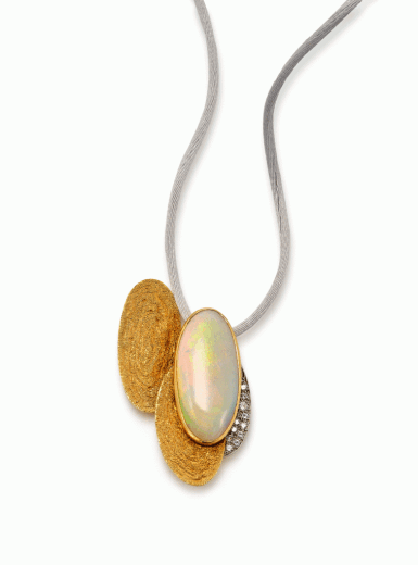 View full screen - View 1 of Lot 128. Opal, Gold, and Diamond Brooch.