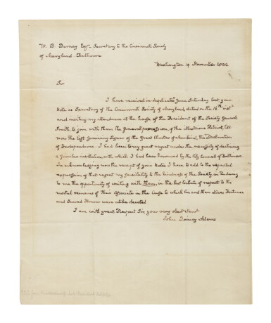 View full screen - View 1 of Lot 49. Adams, John Quincy | John Quincy Adams celebrates the "last surviving Signer of the Great Charter of Mankind, the Declaration of Independence".