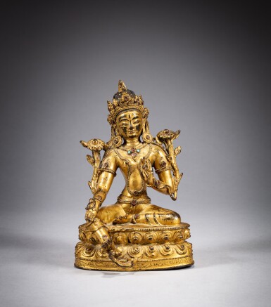 View full screen - View 1 of Lot 106. A gilt-bronze seated figure of Green Tara, Tibet, ca. 15th century | 西藏 約十五世紀 鎏金銅綠度母坐像.