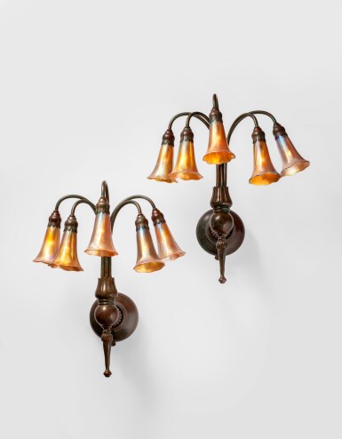 View full screen - View 1 of Lot 406. Pair of Five-Light "Lily" Wall Sconces.