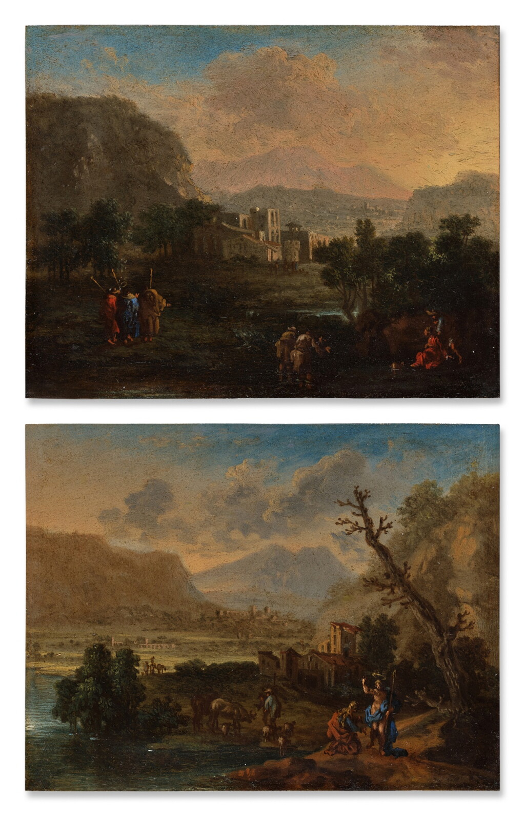 View full screen - View 1 of Lot 356. Italianate landscapes with figures of travelers, shepherds, and angels; a pair.
