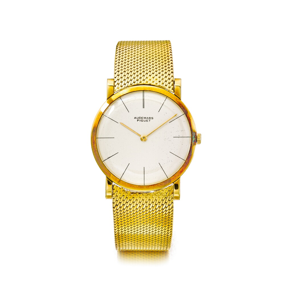Voir en plein écran - Voir 1 du lot 833. AUDEMARS PIGUET | AN ULTRA THIN YELLOW GOLD WRISTWATCH WITH BRACELET, CIRCA 1965 | 愛彼 | 超薄黃金鍊帶腕錶,年份約1965.